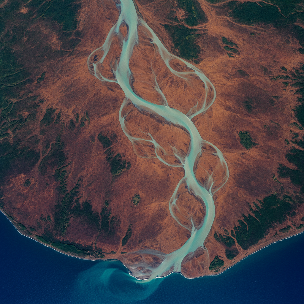 AI image to map tool output showing an aerial satellite view of a river delta with braided turquoise waterways and rust-orange sediment