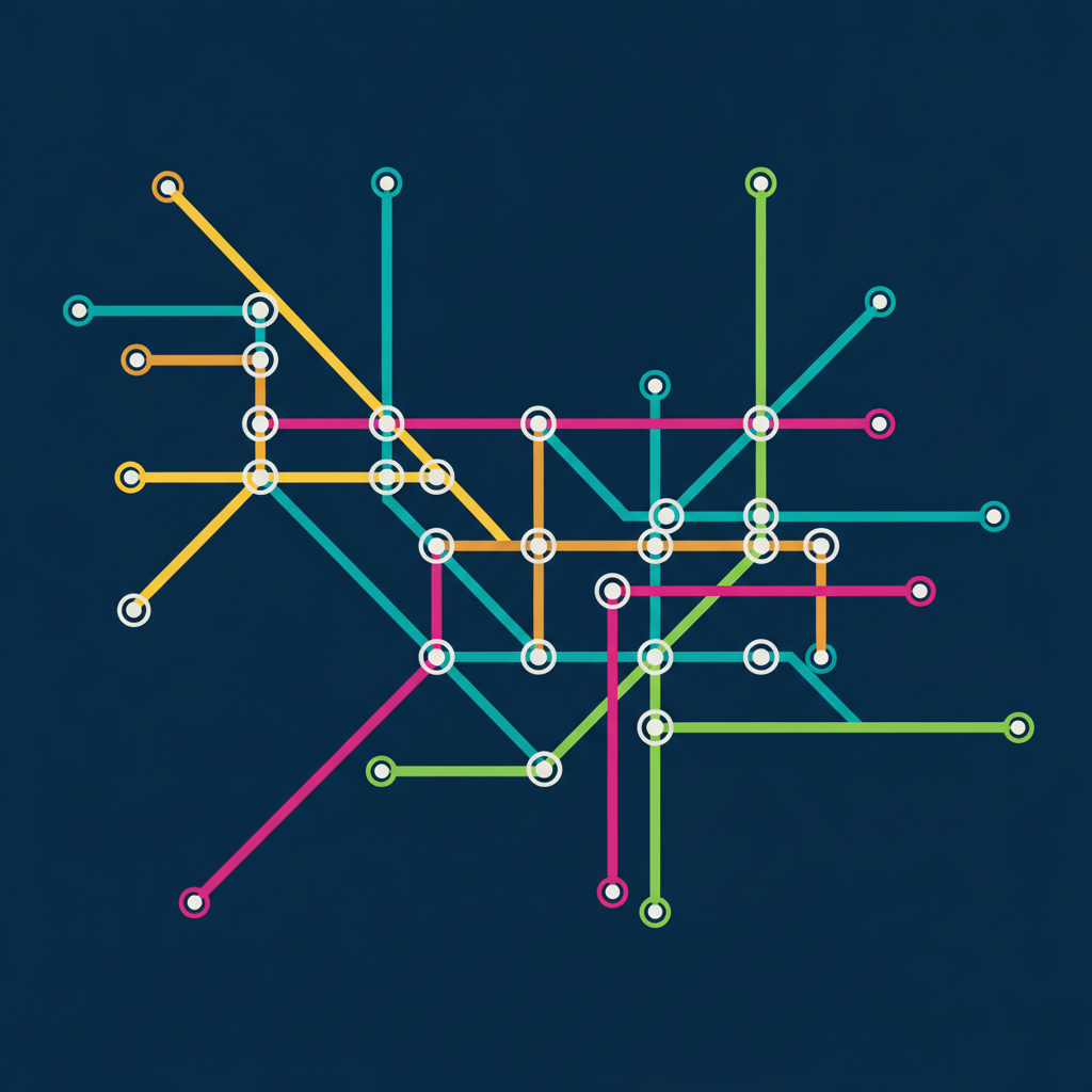 AI image to map tool output showing an abstract transit network diagram with thick colored lines and station dots on a dark navy background