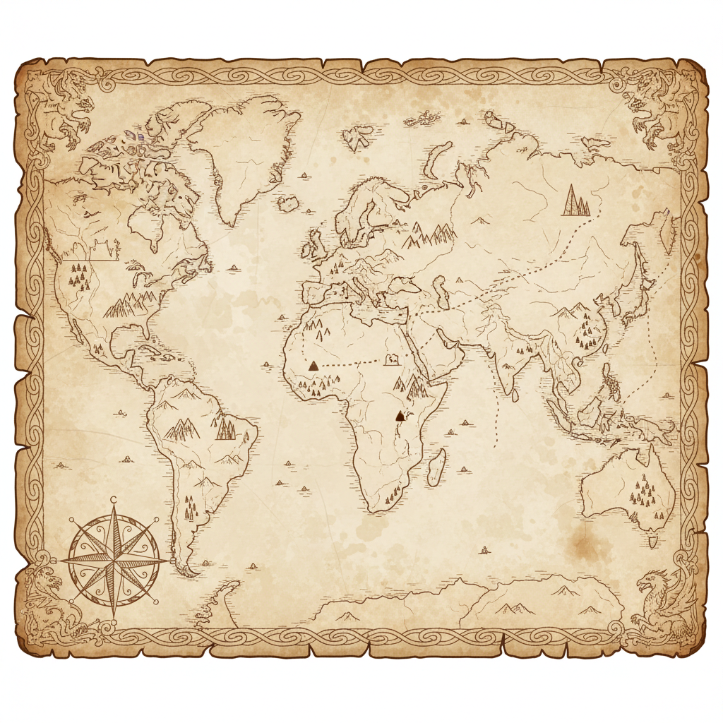 AI image to map tool output showing an aged parchment treasure map with hand-inked coastlines, a dotted trail, and a compass rose in sepia tones