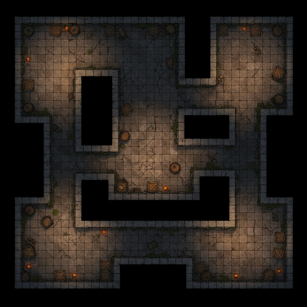 AI image to map tool output showing a top-down fantasy game dungeon floor plan with stone tile corridors, chambers, and warm torch light