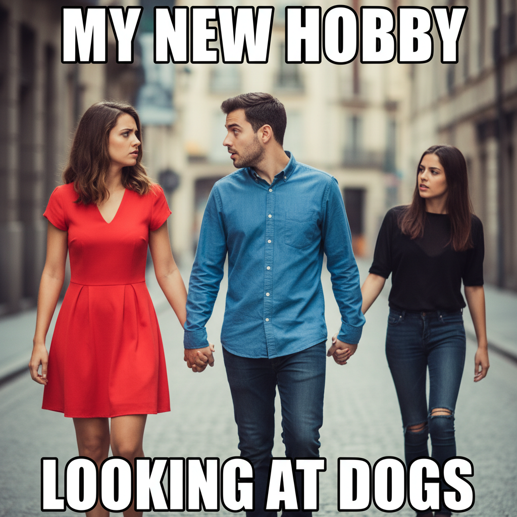 Classic distracted look-back reaction meme created by the AI image to meme generator