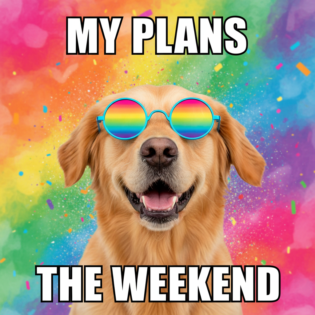 Wholesome happy dog with sunglasses meme with bold caption text made by AI