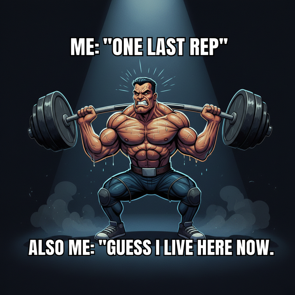 Gym motivation meme with a buff figure and bold caption text created with AI