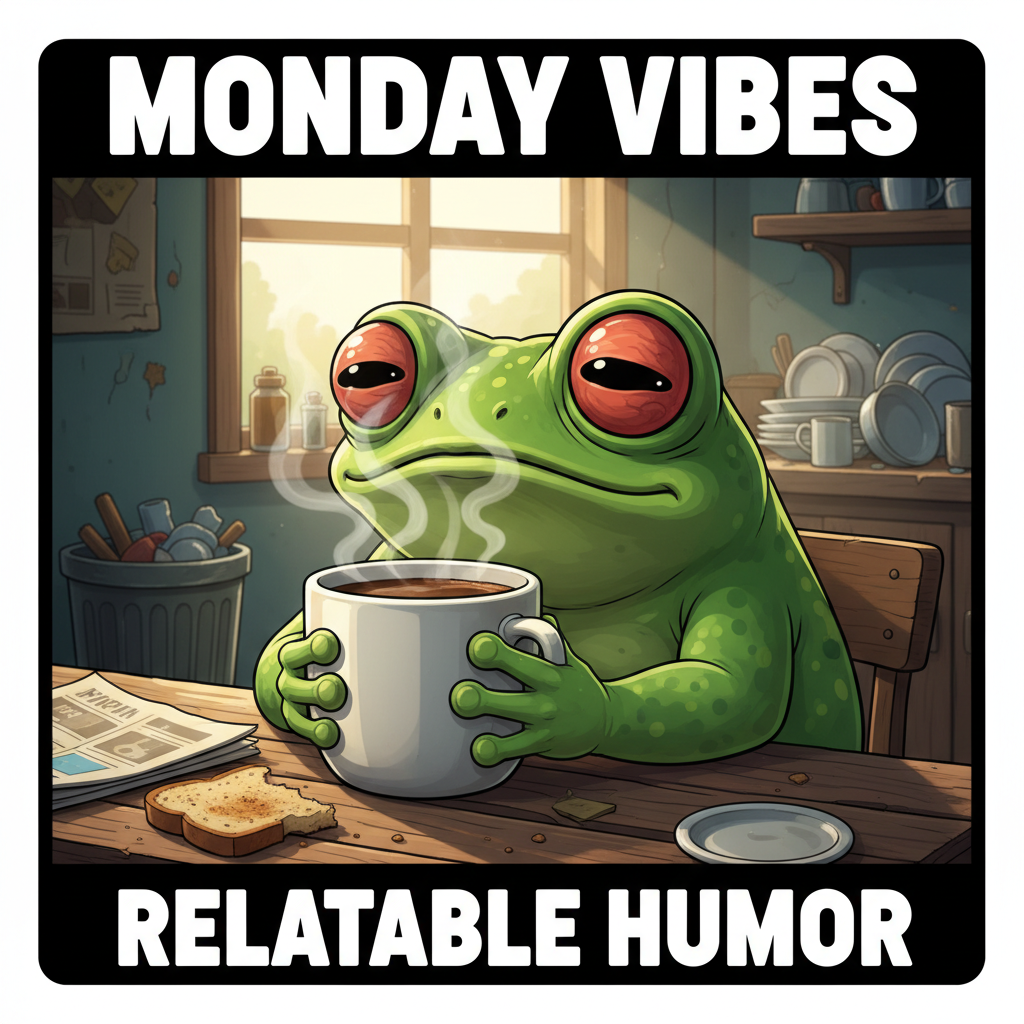 Cute cartoon frog with coffee meme and funny caption made by the AI image to meme generator