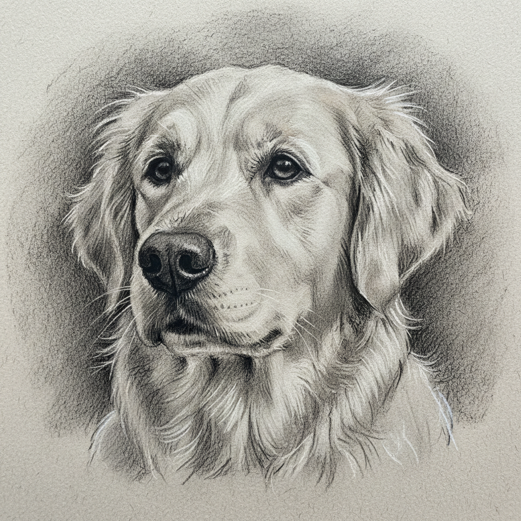 Photo of a golden retriever converted into an expressive charcoal sketch by the AI image to sketch converter