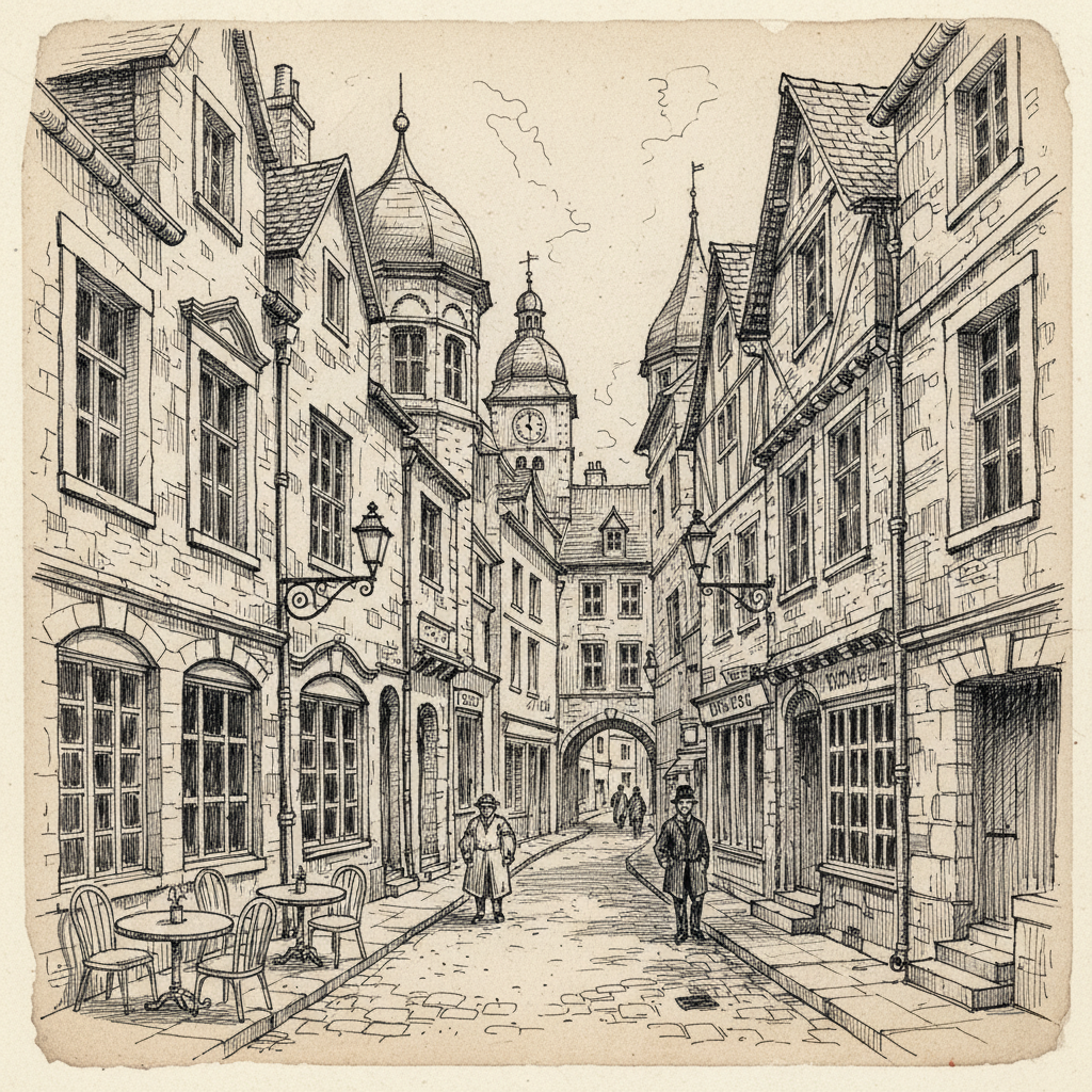 Cityscape photo converted into a detailed ink line-art sketch of old European buildings