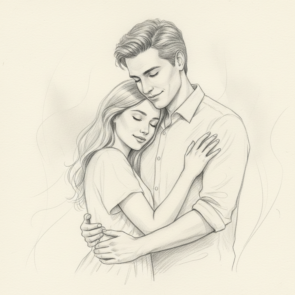 Couple photo converted into a soft romantic pencil sketch by the AI image to sketch converter