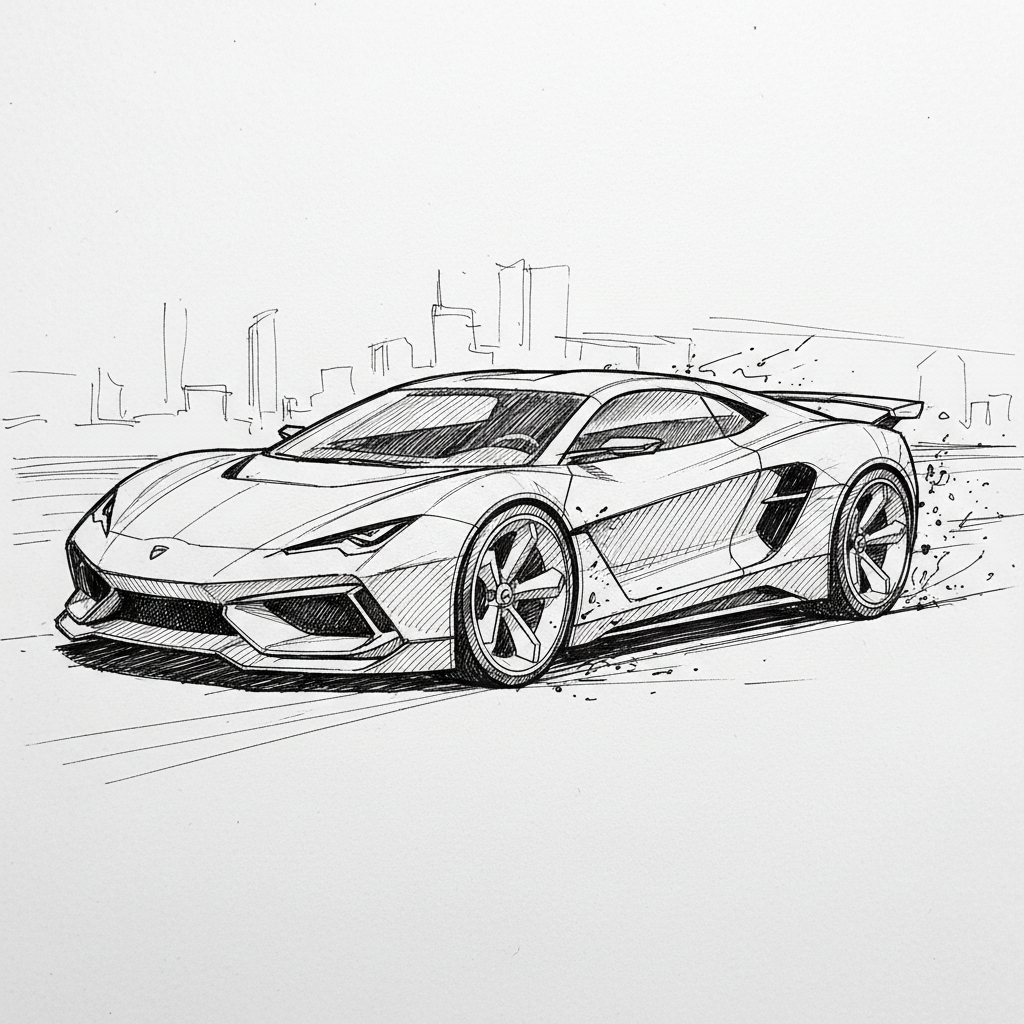 Car photo converted into a dynamic pen-and-ink automotive concept sketch
