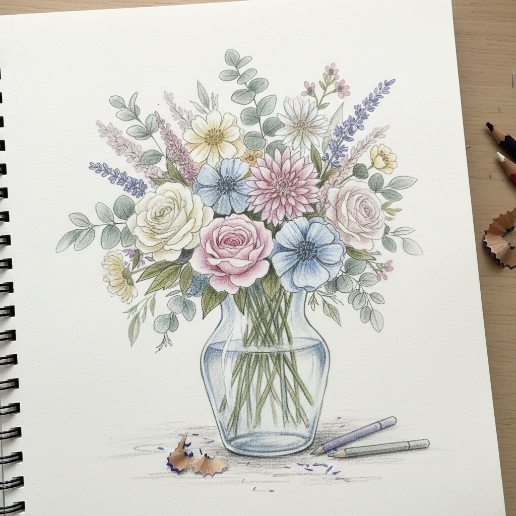 Photo of a flower bouquet converted into a soft colored pencil sketch by the AI image to sketch converter