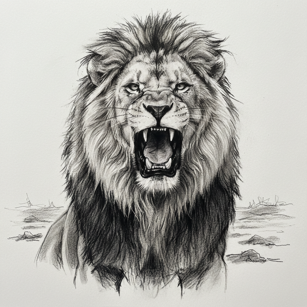 AI image to sketch tool — a bold charcoal sketch of a majestic lion with dramatic expressive strokes
