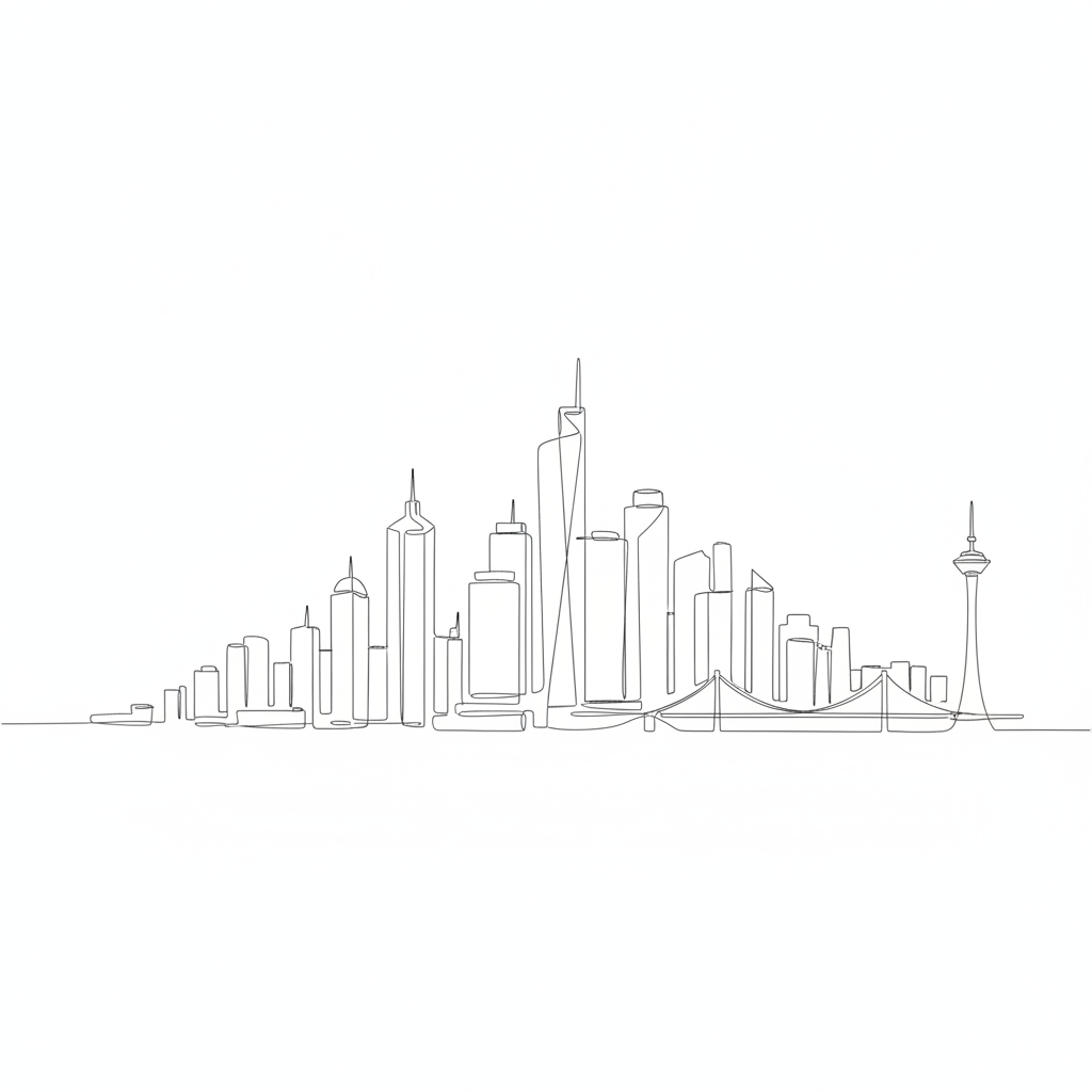 AI image to sketch tool — a clean minimalist line-art sketch of a modern city skyline in single continuous ink lines