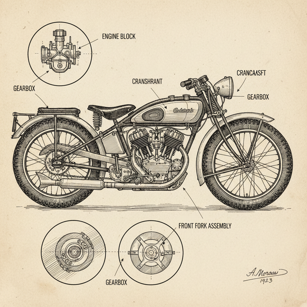 AI image to sketch tool — a detailed pen and ink cross-hatch sketch of a vintage motorcycle