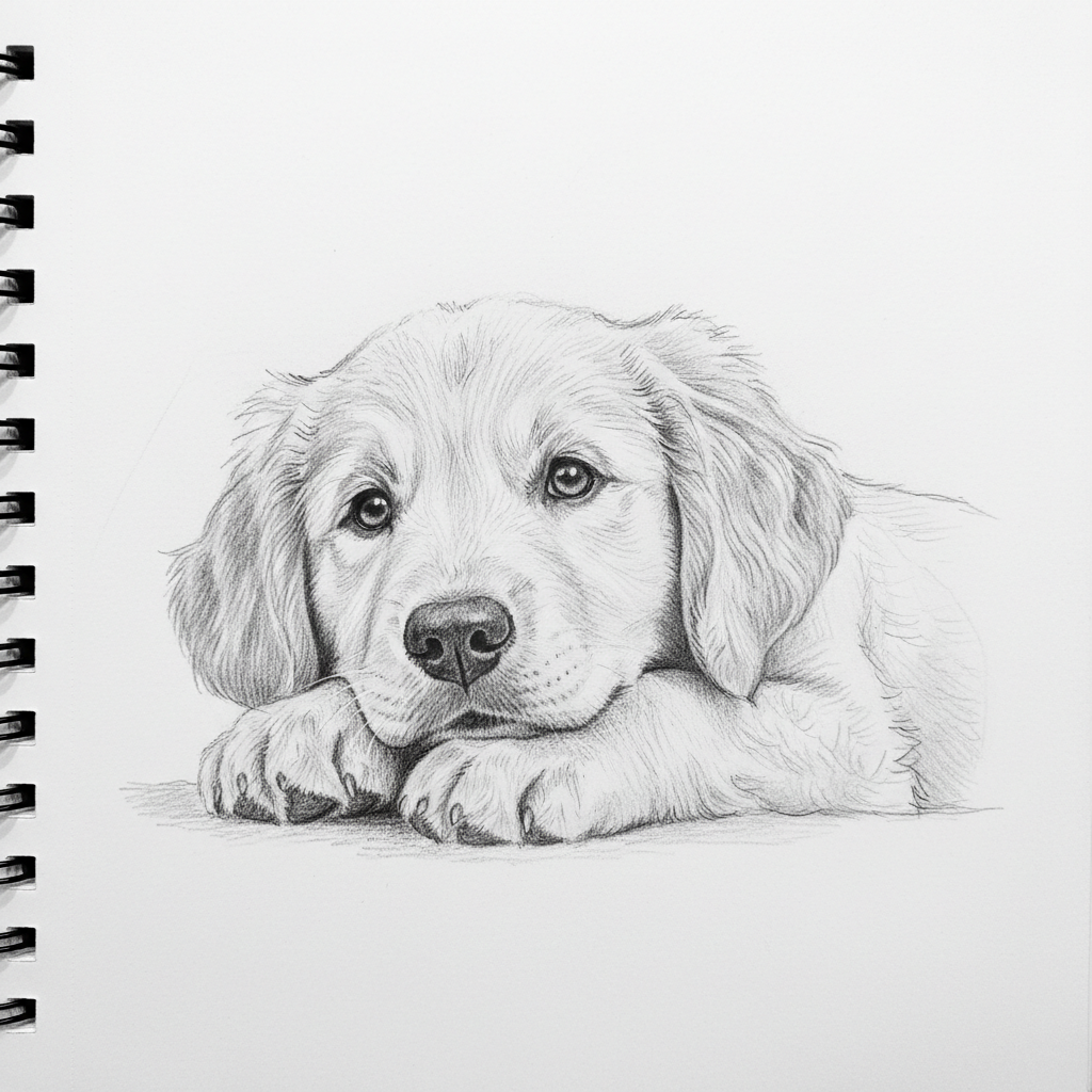 AI image to sketch tool — a soft pencil sketch of a golden retriever puppy with delicate fur texture