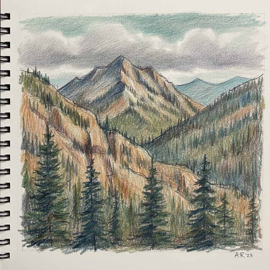 AI image to sketch tool — an artistic colored pencil sketch of a mountain landscape with pine trees