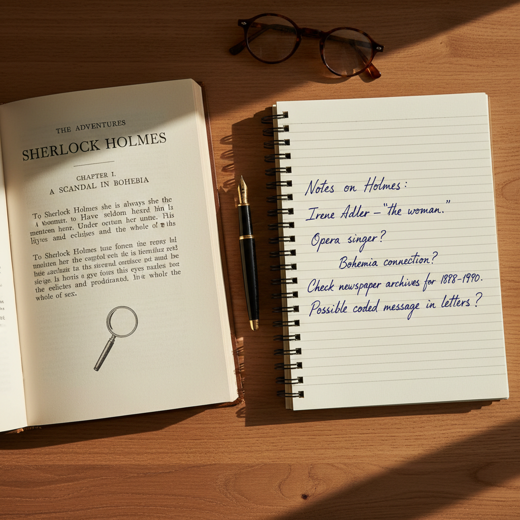AI image to text converter — an open printed book and handwritten notebook with sharp legible text on a wooden desk