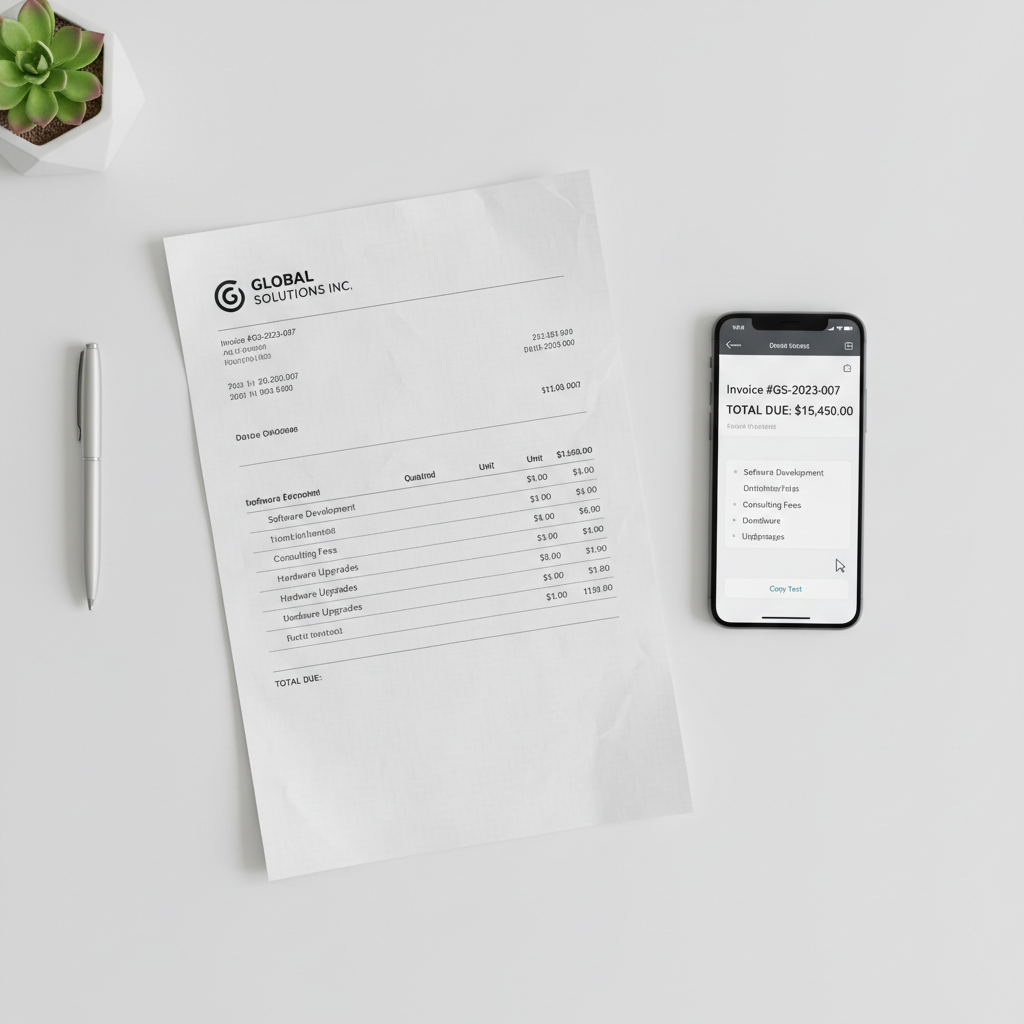 AI image to text converter — a scanned invoice document beside a smartphone displaying extracted readable text