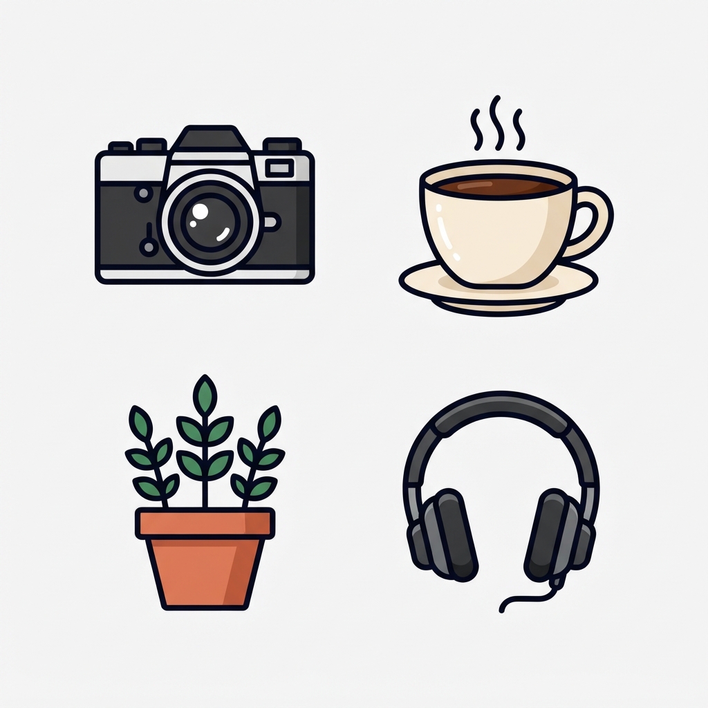 AI image to vector converter result — a flat vector icon set of everyday objects with bold outlines and solid color fills
