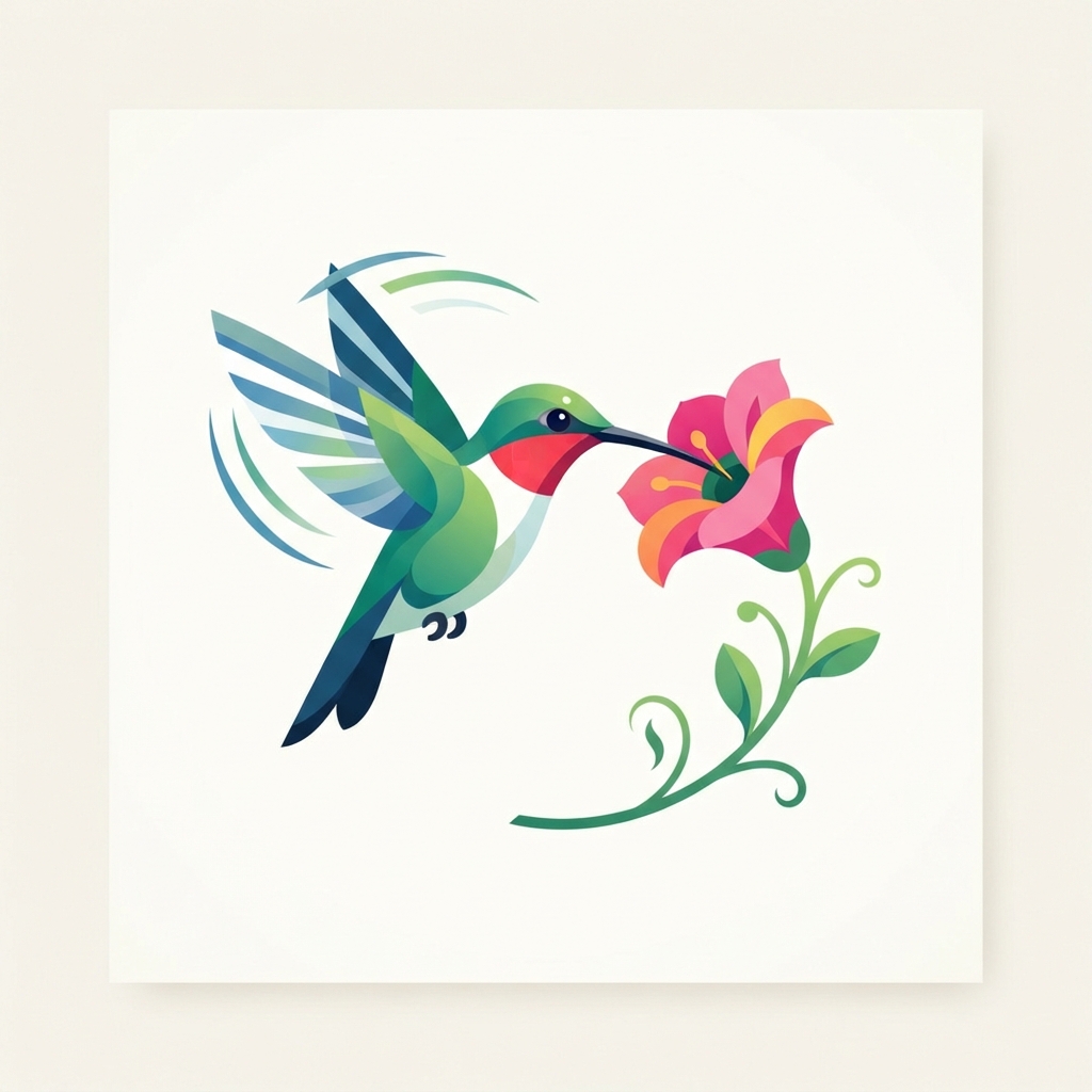 AI image to vector converter result — a flat vector illustration of a hummingbird beside a flower with clean vector paths