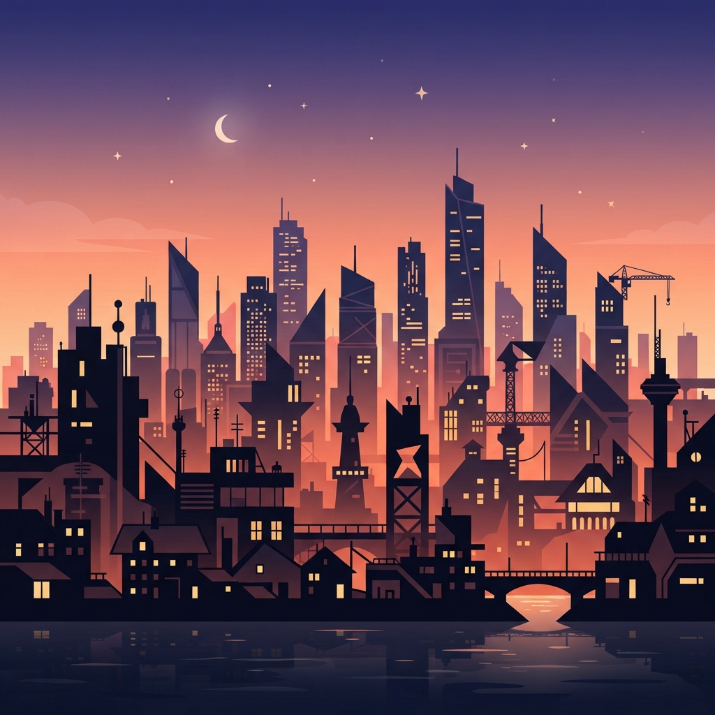 AI image to vector converter result — a flat vector cityscape skyline at dusk with layered geometric buildings