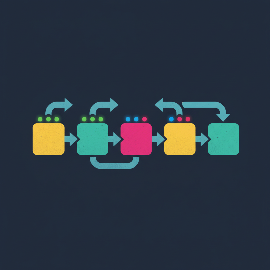 Flat vector CI/CD pipeline illustration with five chunky stage blocks in yellow, teal and magenta linked by thick arrows on a dark navy background