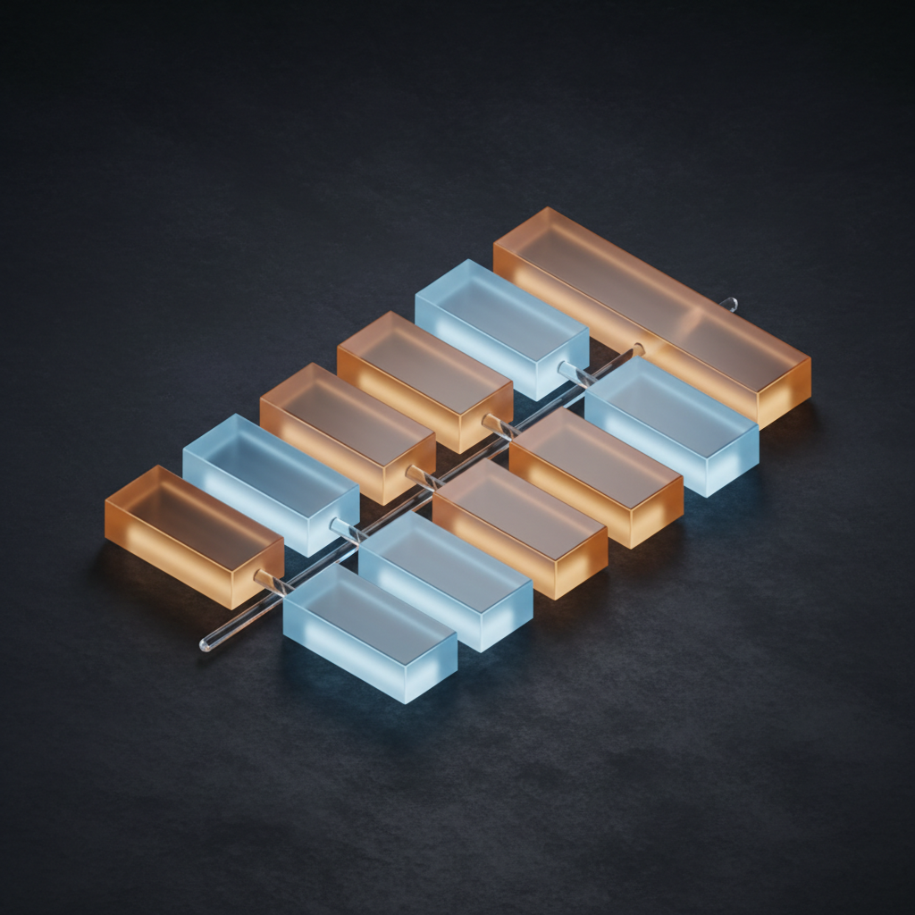 Isometric render of translucent amber and pale blue glass slabs arranged in stepped diagonal rows, an abstract picture of the hierarchical structure a YAML file describes