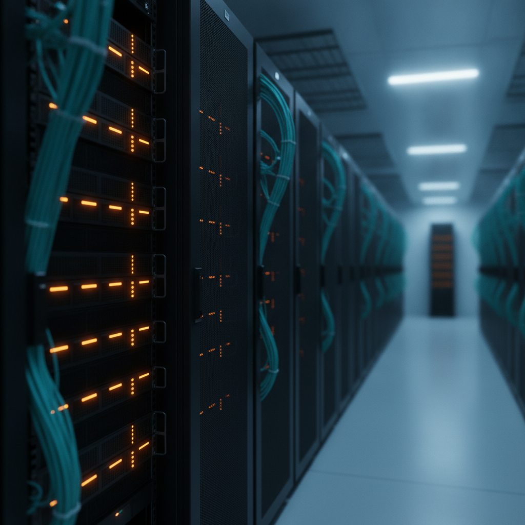 Photograph of a data centre aisle with tall black server racks, warm amber status LEDs and neat teal fibre cabling receding into shallow depth of field