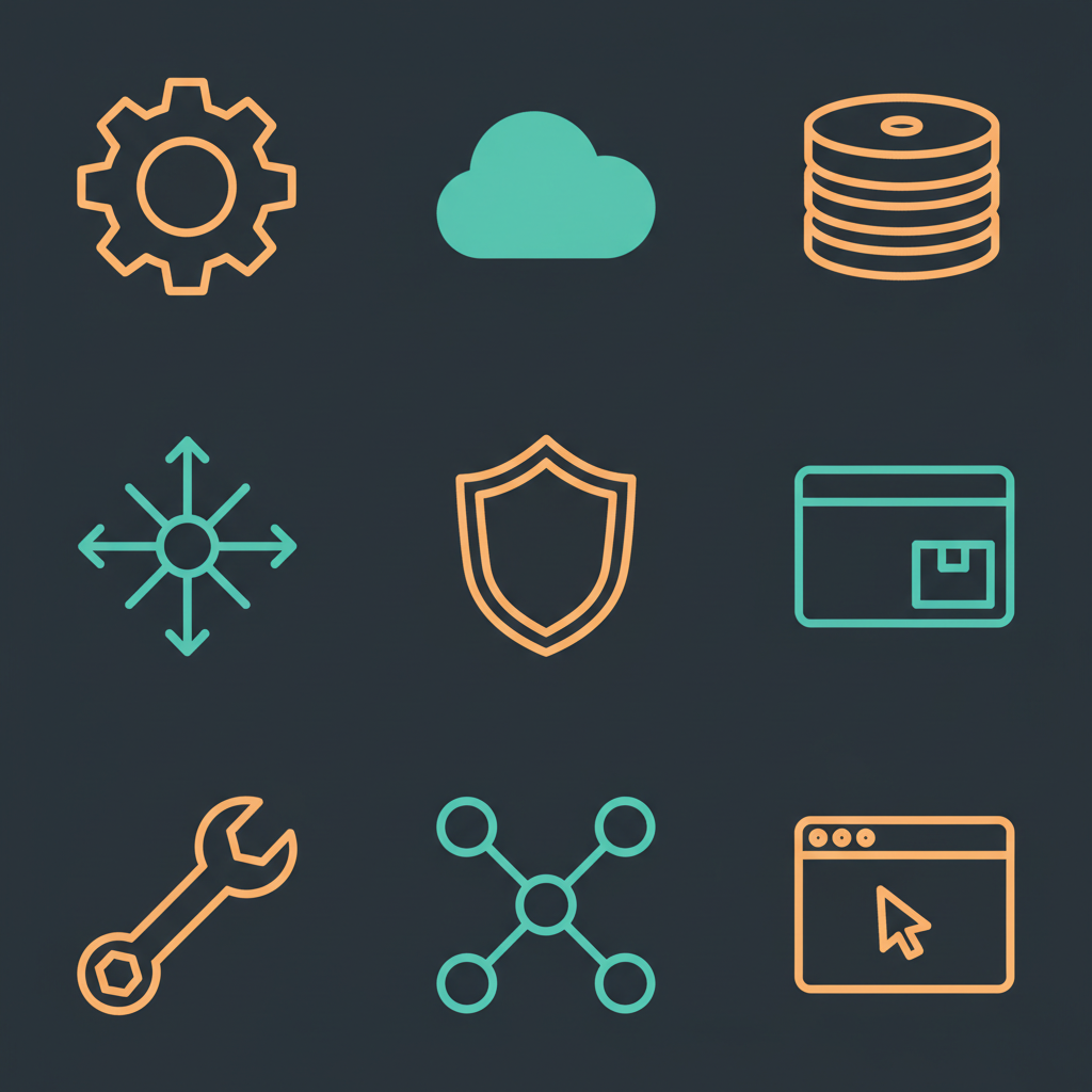Flat vector devops icon set in a three by three grid — gear, cloud, stacked disks, expand arrows, shield, package window, wrench, node graph and browser window