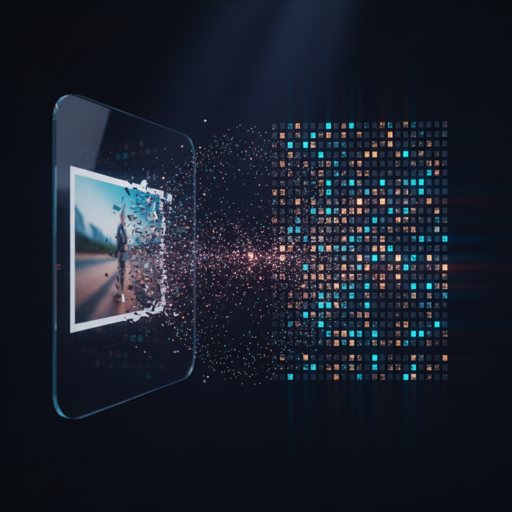 Abstract 3D render of a photograph dissolving into an ordered grid of glowing amber and cyan data tiles, illustrating YAML image conversion
