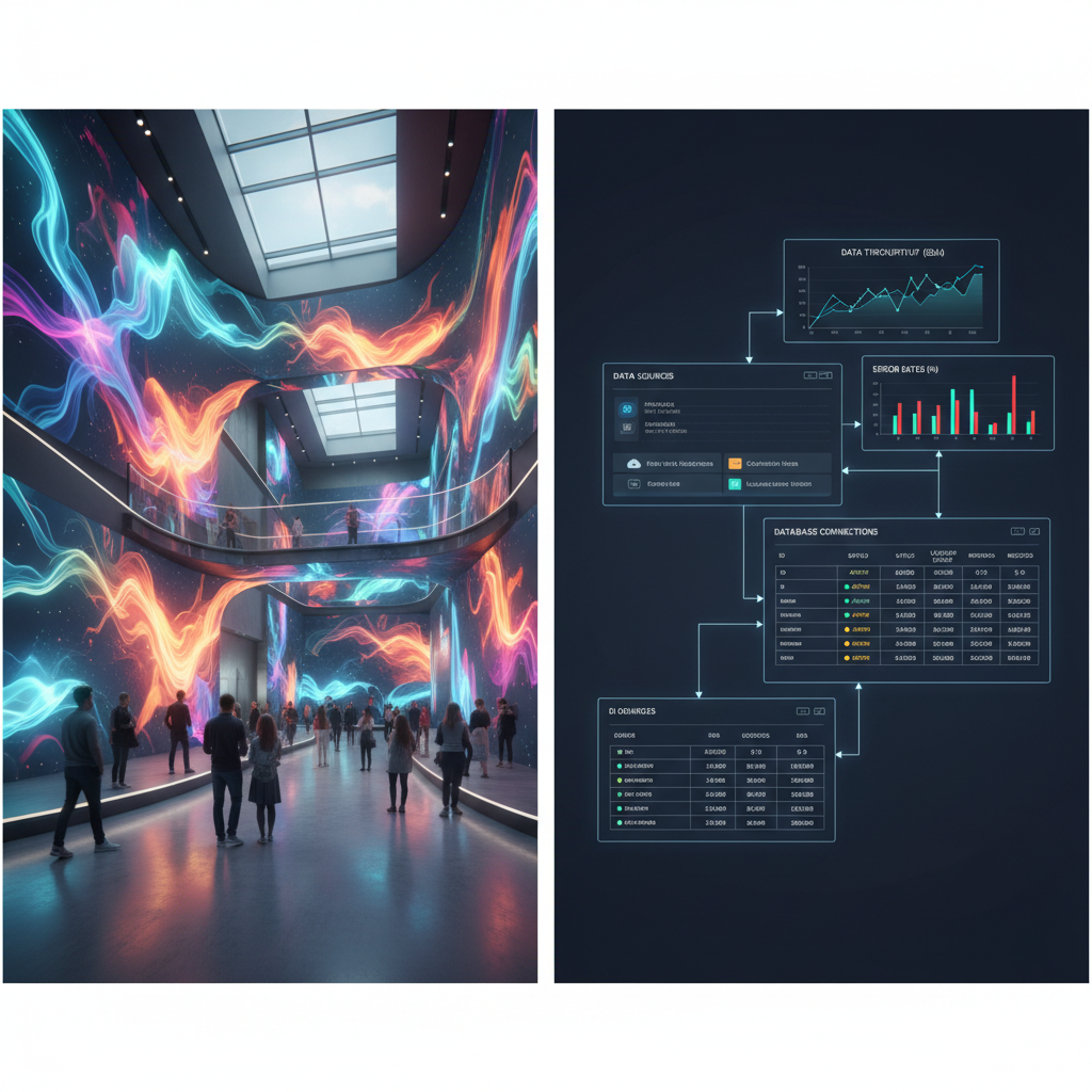 Data engineer desk with an ADBC pipeline running on one screen and an AI image generator producing a blog header on the second monitor