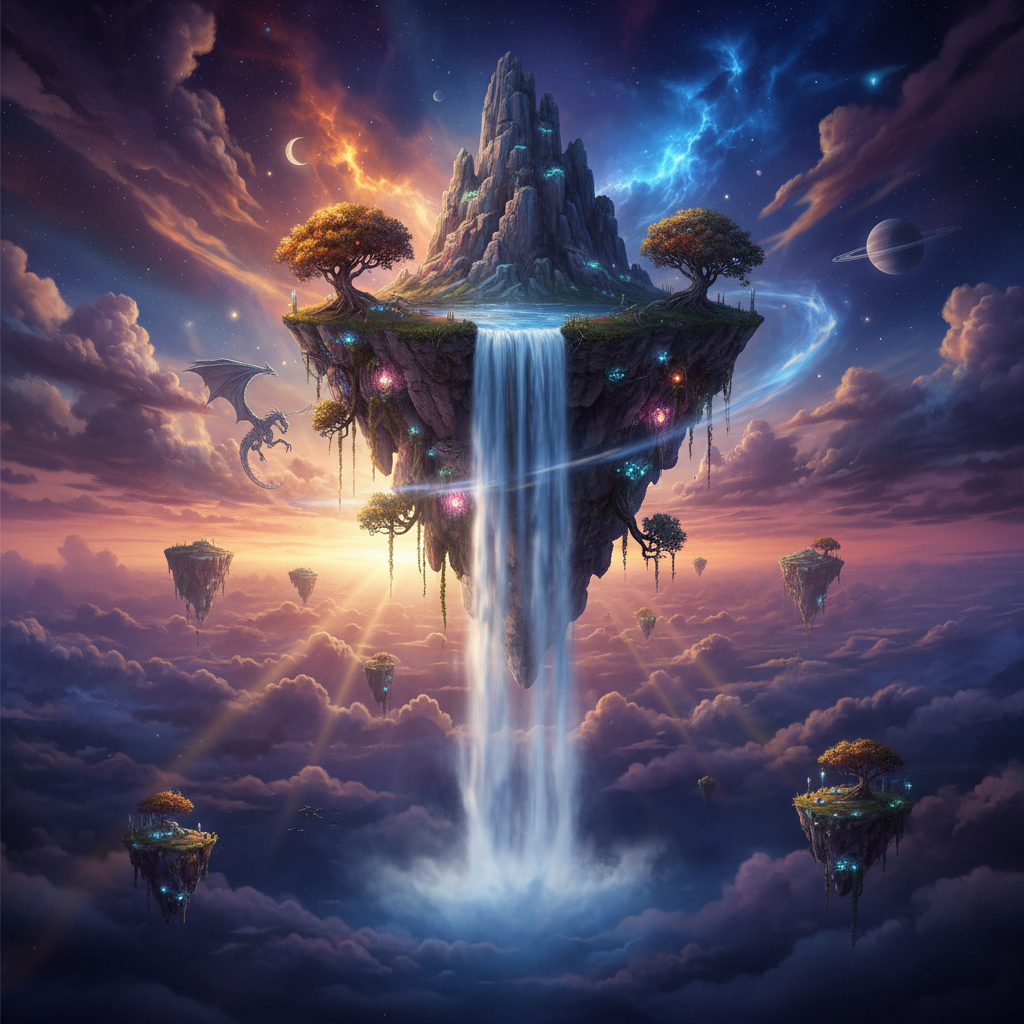 AI image tools vs Photoshop — surreal floating island photo composite matte painting made with AI