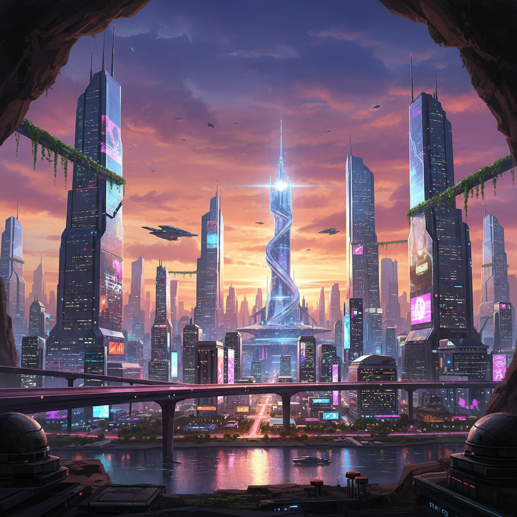 AI image tools example — vibrant digital illustration of a futuristic city skyline at sunset with neon reflections