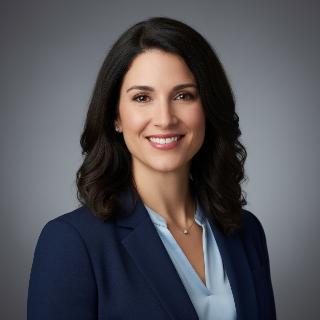 AI image tools example — photorealistic professional corporate headshot of a confident woman with studio lighting