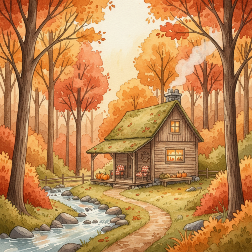AI image tools example — cozy watercolor illustration of a mountain cabin in an autumn forest