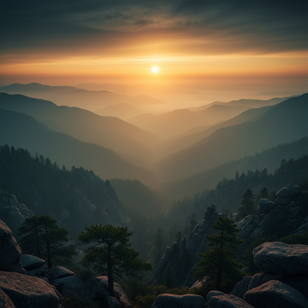 Cinematic forested mountain valley at golden hour, warm amber sky above cool teal shadowed ridgelines, showing the graded look that takes a curves-and-levels stack in GIMP