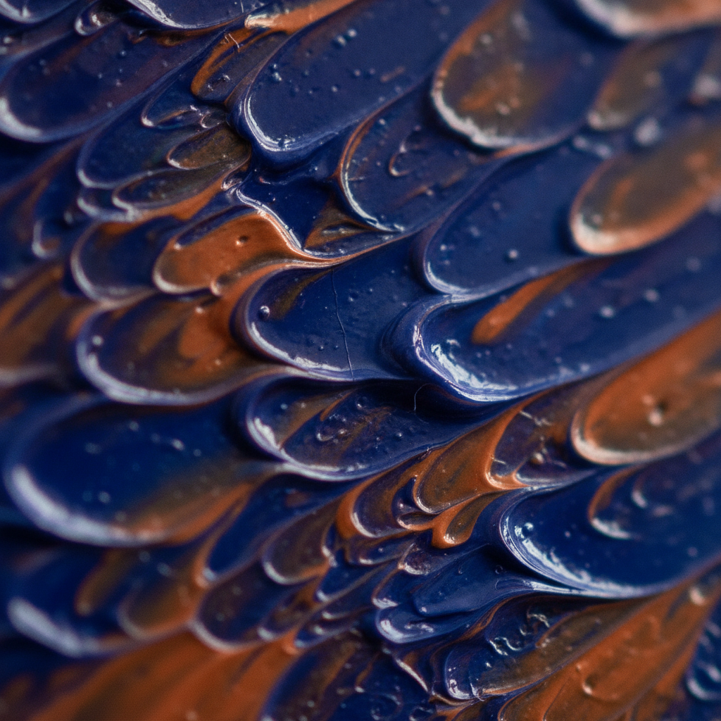 Extreme macro of thick cobalt blue and burnt orange oil paint impasto brushstrokes, an example of painterly texture generated rather than hand-painted with GIMP brushes