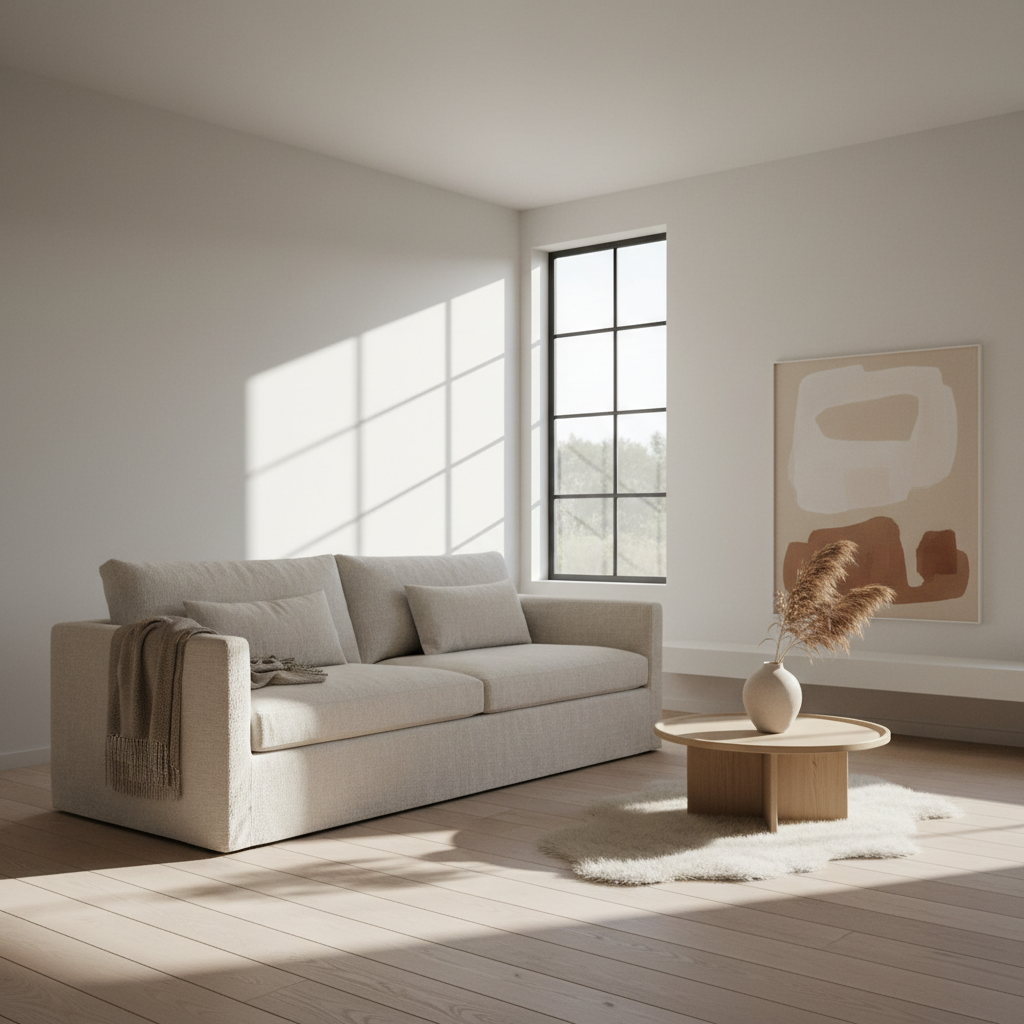 Minimalist Scandinavian living room interior lit by soft afternoon window light, the kind of background plate normally sourced from stock and masked in GIMP