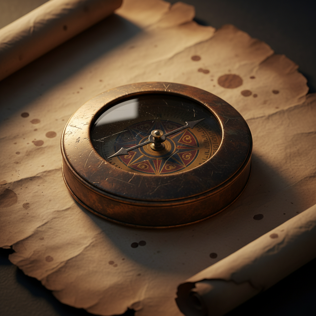 Close-up of a weathered antique brass pocket compass on aged parchment with restored warm colour and visible patina, illustrating restoration-style output