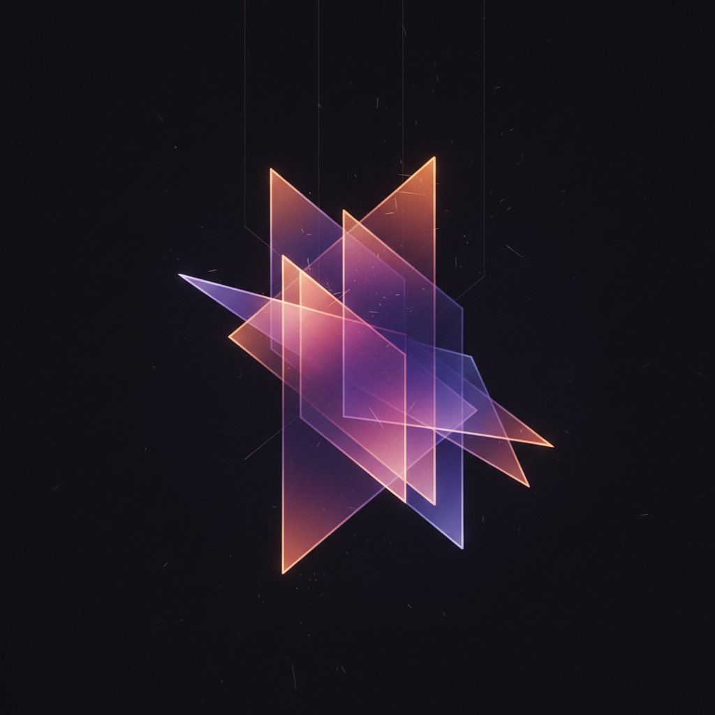 Abstract composition of translucent overlapping amber and violet glass panels floating in dark space, a visual analogue of the layer stack GIMP builds manually