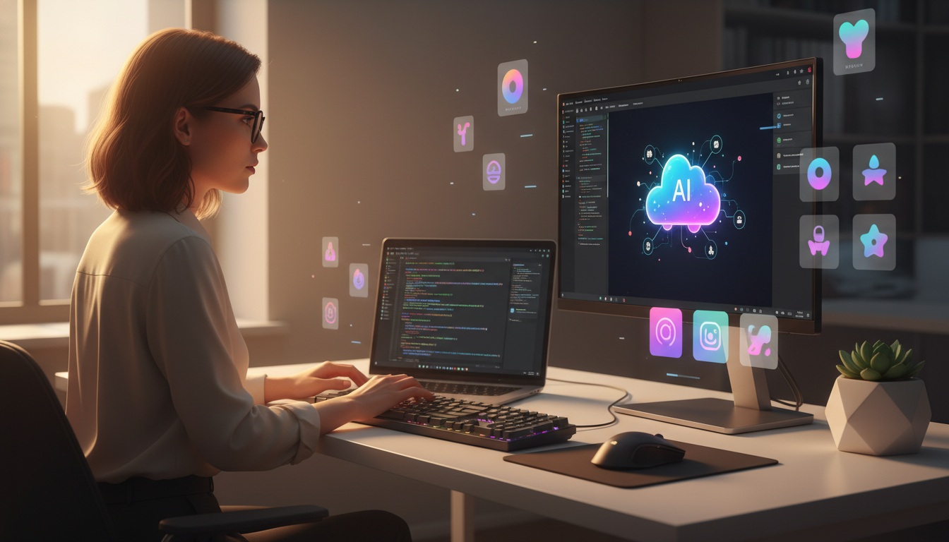 AI image tools and GitHub Copilot together on a developer desk — laptop with code editor on left, second monitor showing AI image generator producing app marketing illustrations