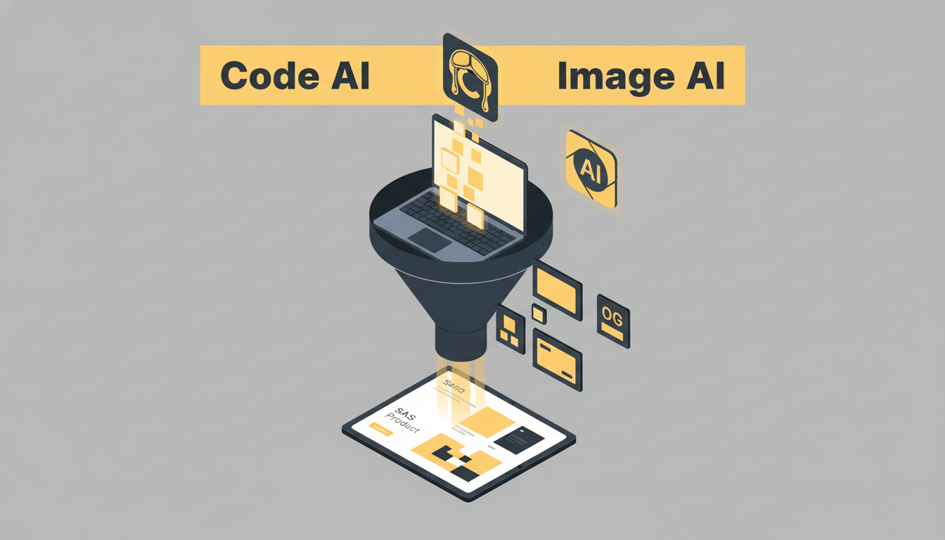Isometric workflow diagram showing GitHub Copilot pouring code into a laptop and AI image tools producing icons hero images OG cards into a finished SaaS landing page