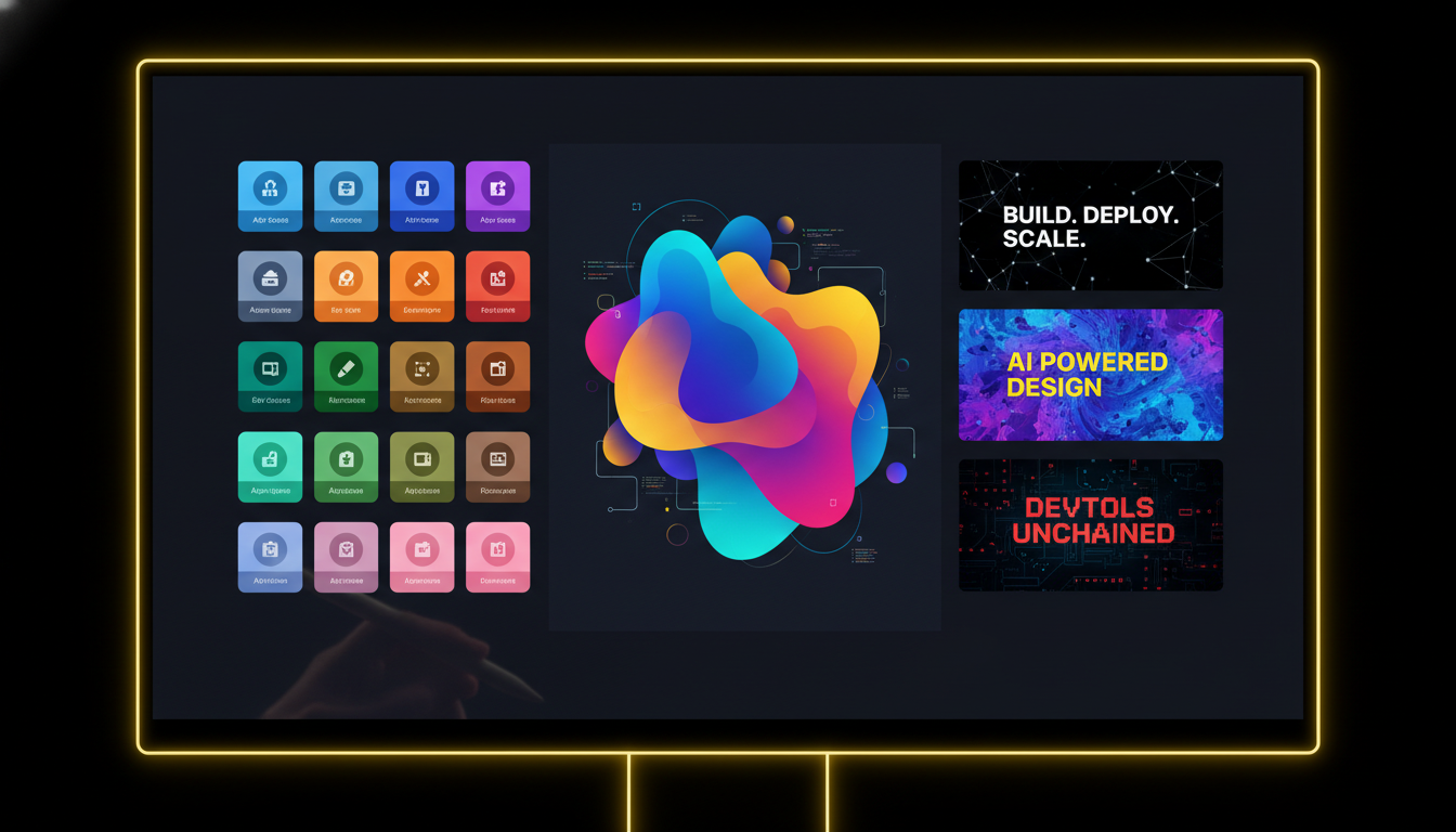 Developer visual asset library generated by AI image tools — app icons, hero illustration, and OG cards with crisp text rendering, shown in a 3-column grid