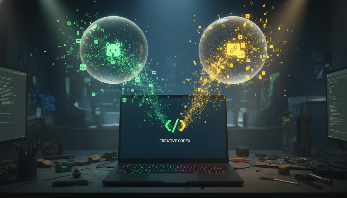 Two AI assistants depicted as glowing orbs above a developers laptop — green code orb representing GitHub Copilot and yellow image orb representing AI image tools, both feeding into a finished app launch screen