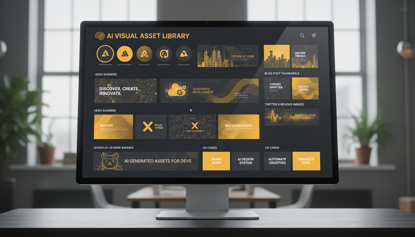 Complete AI-generated visual asset dashboard for developers showing app store icons, hero banners, blog thumbnails, X header images, GitHub README banners, and OG cards with crisp bold text