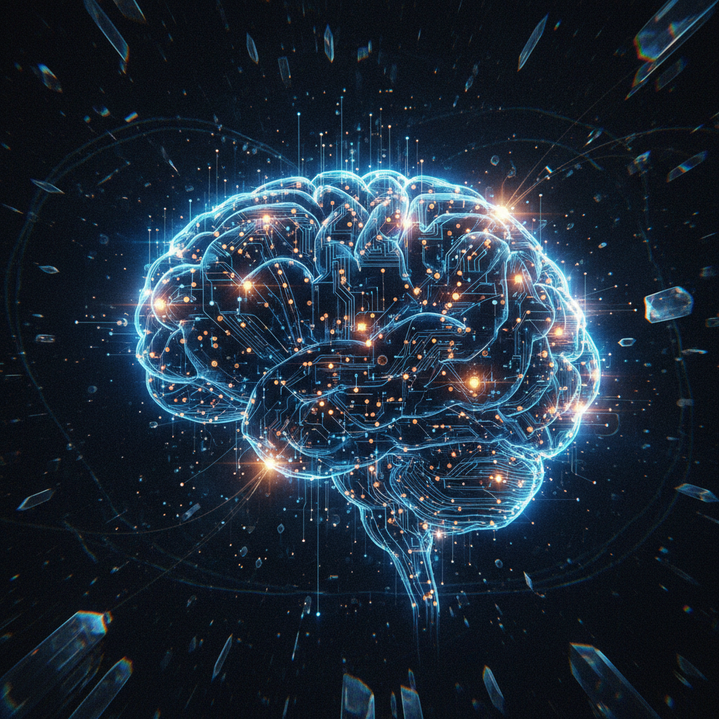 AI image tools example — futuristic AI brain of glowing circuit lines and neural nodes, sci-fi concept art