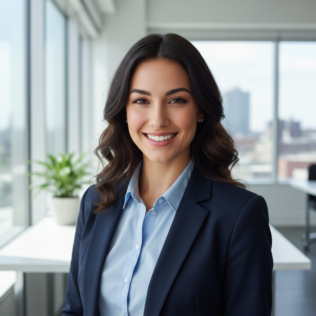AI image tools example — photorealistic portrait of a confident entrepreneur in a bright modern office