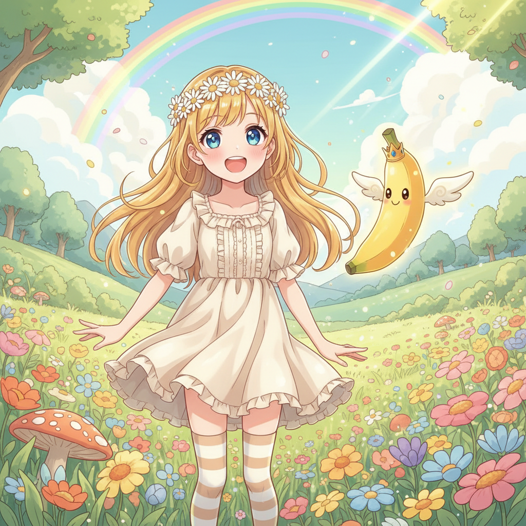AI image tools example — whimsical anime illustration of a girl with a floating banana companion in a meadow