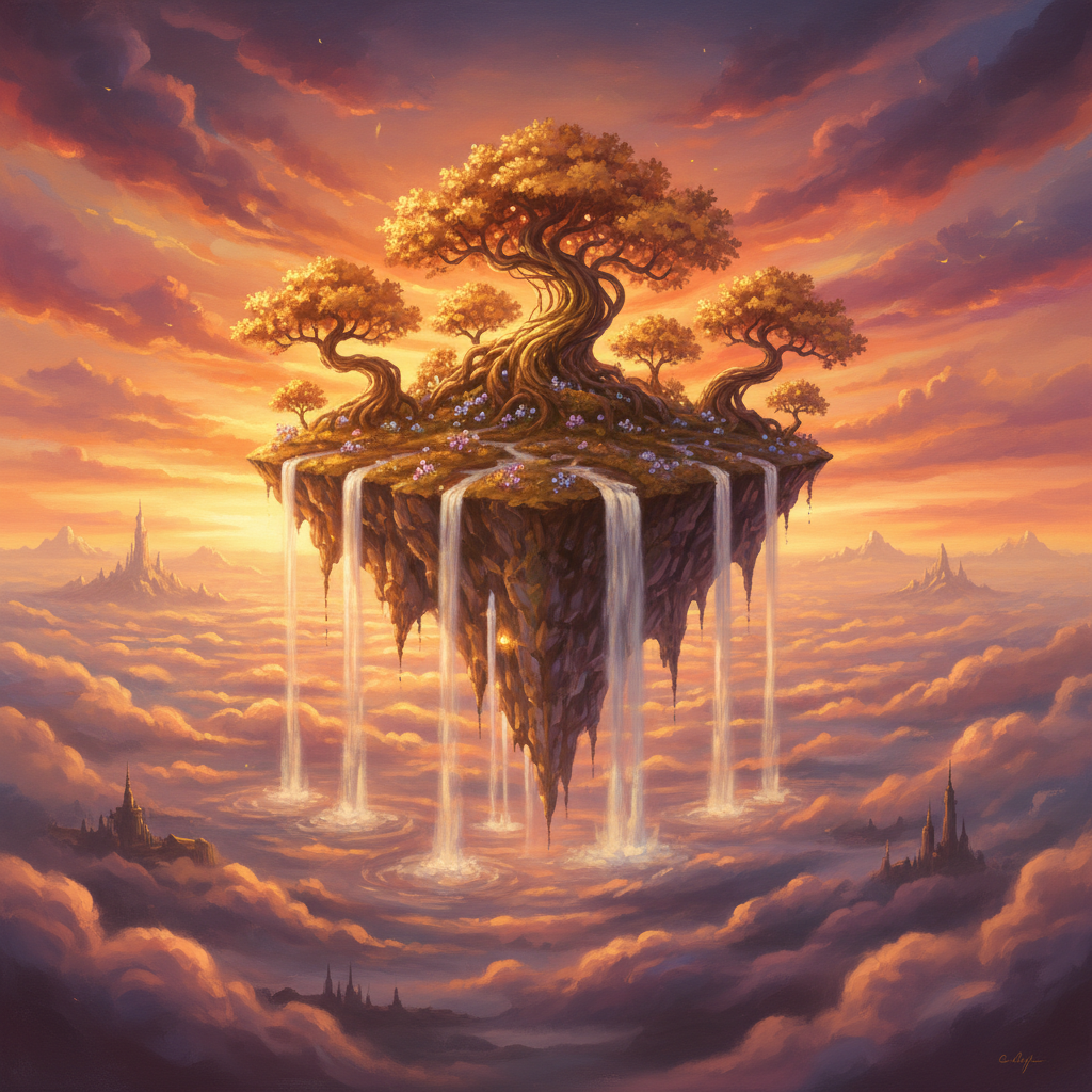 AI image tools example — surreal fantasy landscape of a golden floating island with waterfalls at sunset