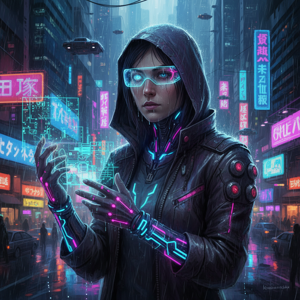 AI image tools vs Janitor AI — cyberpunk hacker character with neon augmentations in a rainy neon city