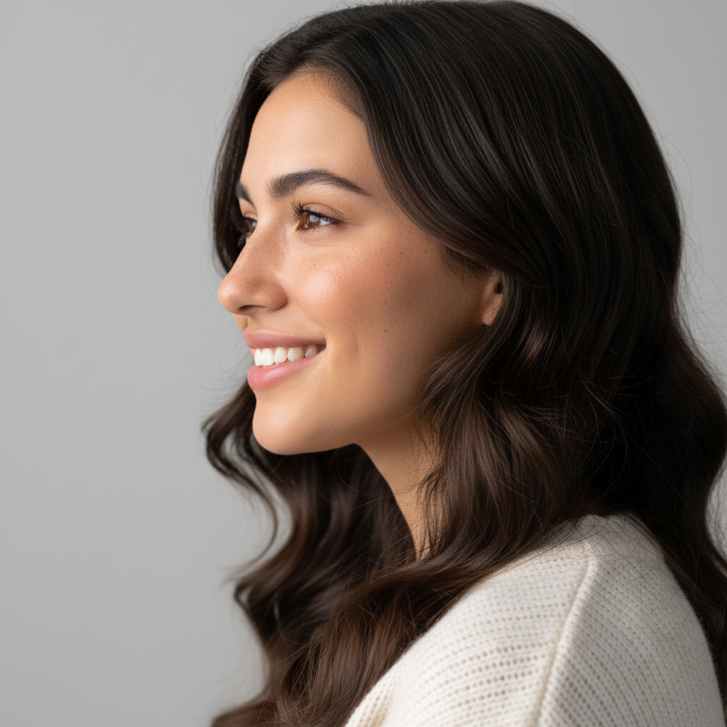 AI character avatar — photorealistic profile portrait of a young woman with soft studio lighting