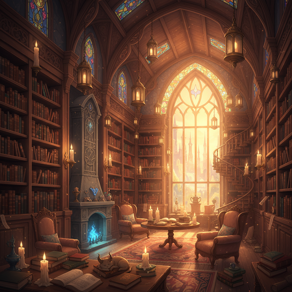 AI image tools comparison — cozy magical library scene illustration in anime visual novel background style